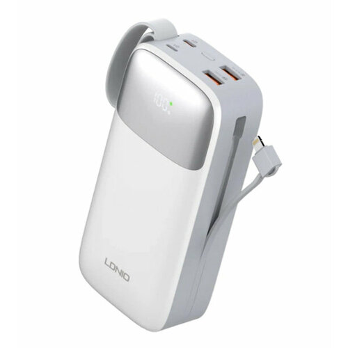 Внешний аккумулятор LDNIO PQ30 30000mAh Power Bank c встроенными кабелями Type-C и Lightning серебристый, оранжевый, белый