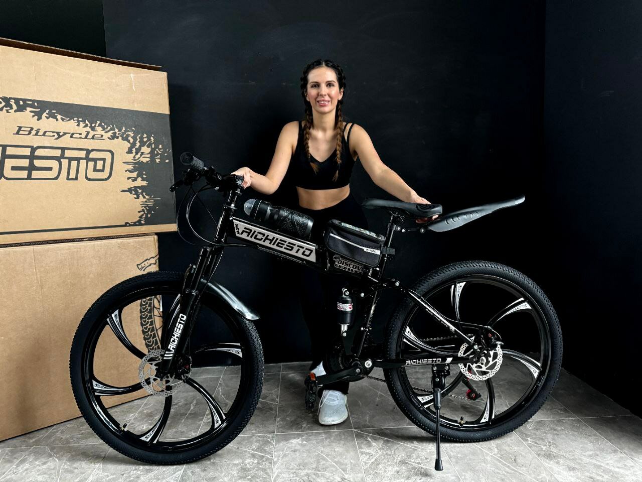 Велосипед складной Двухподвесной Richiesto 26 дюймов Дисковый тормоз, черный модель 2024
