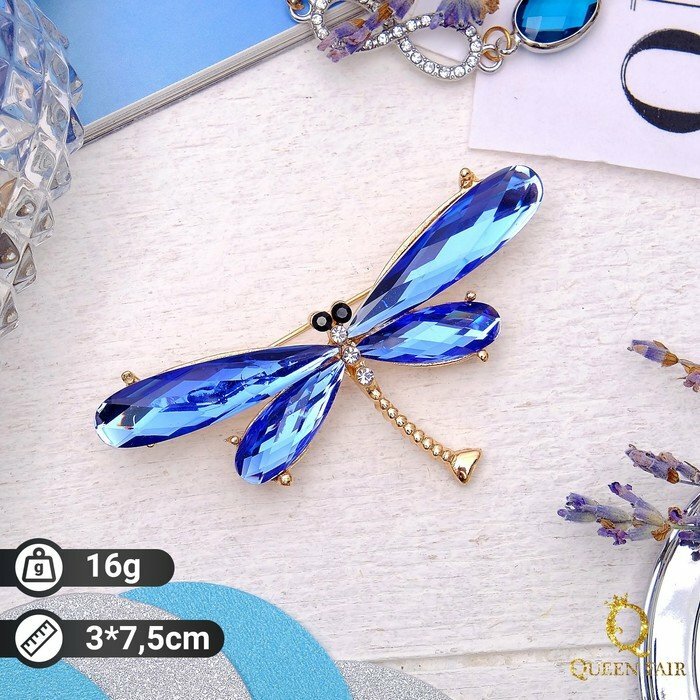 фото Брошь "Стрекоза", граненые крылья, цвет синий в золоте