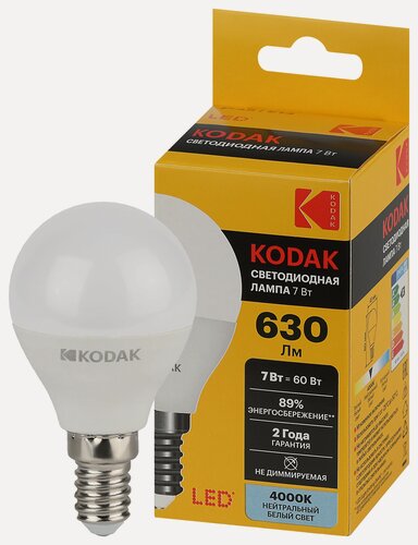 Изображение товара Лампочка светодиодная Kodak LED Е14 7Вт шар 4000К нейтральный белый свет, 1 шт