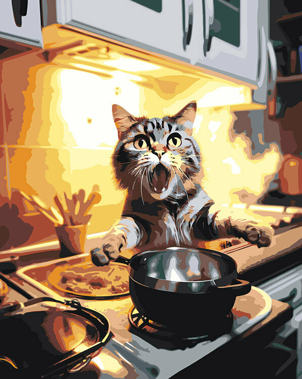 Картина по номерам Шокированный кот на кухне