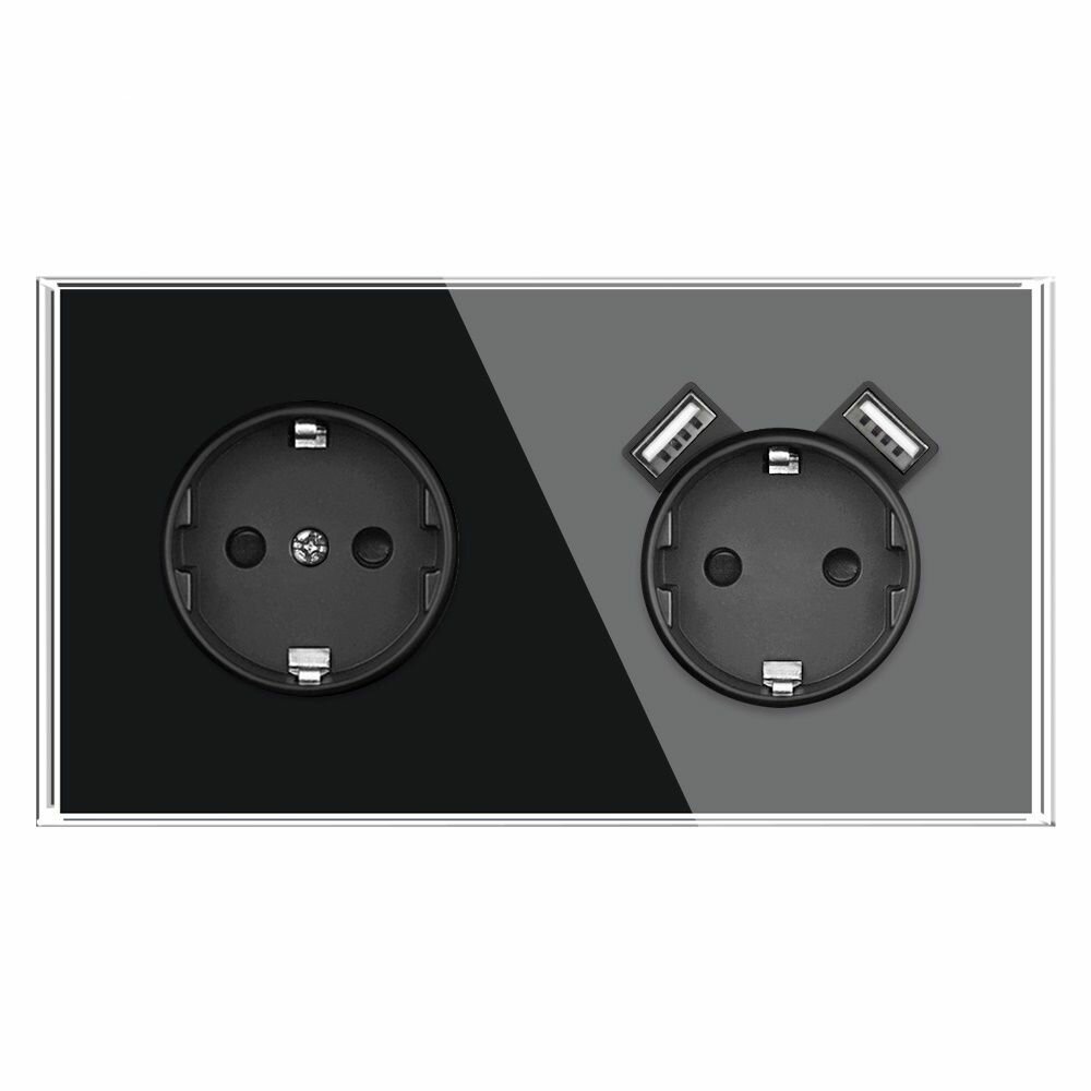 фото Розетка двойная с 2 USB-портами, 16А 250В, со шторками, рамка закаленное стекло, цвет чёрный