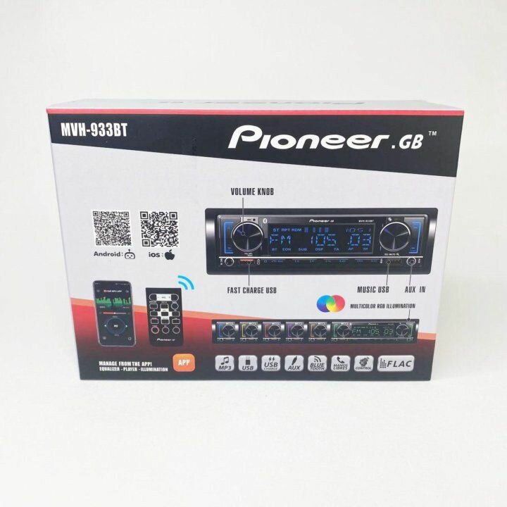 Процессорная автомагнитола 1 din для авто Pioneer GB MVH-933BT / мощность 60W расширенный эквалайзер / с Bluetooth, AUX, USB/ управление с приложения