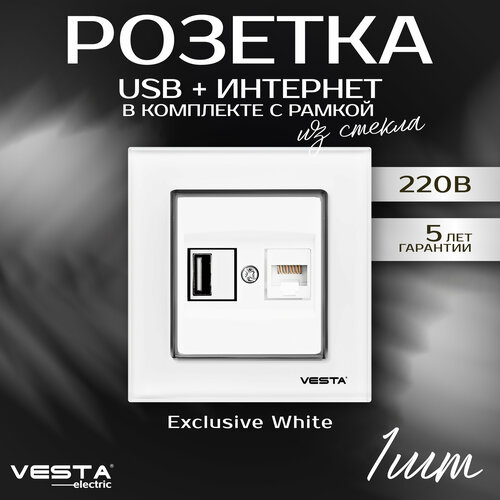 Розетка Vesta-Electric Exclusive White для USB + сетевого кабеля LAN розетка vesta electric exclusive blue для сетевого кабеля lan