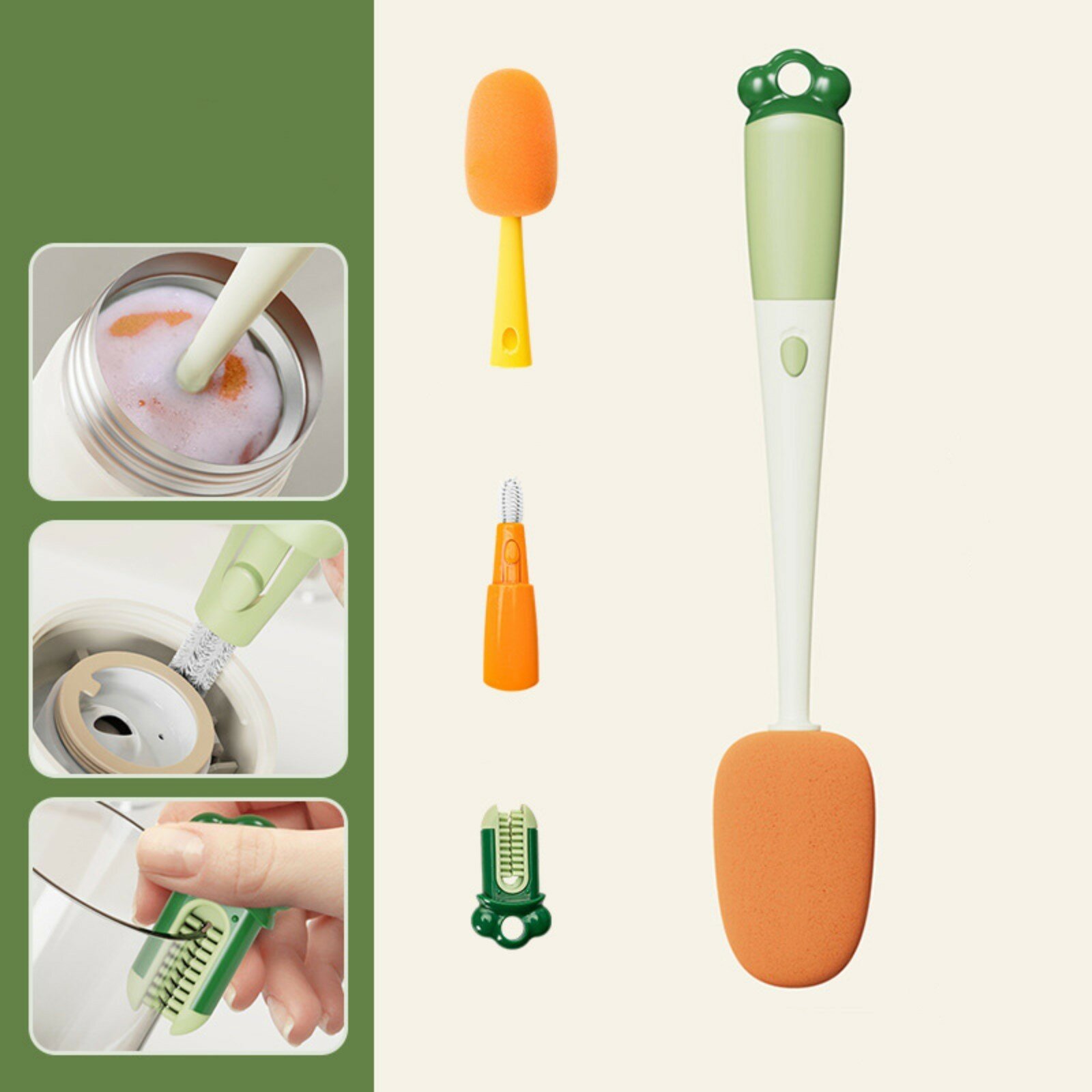 фото Ершик-щетка для мытья бутылочек, с двумя доплнительными щетками, губка 5 см, длина 28 см 9791961