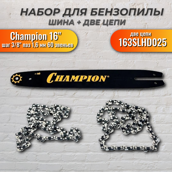 Набор Шина CHAMPION 16"-3/8-1,6-60 + 2 цепи (163SLHD025), CHAMPION