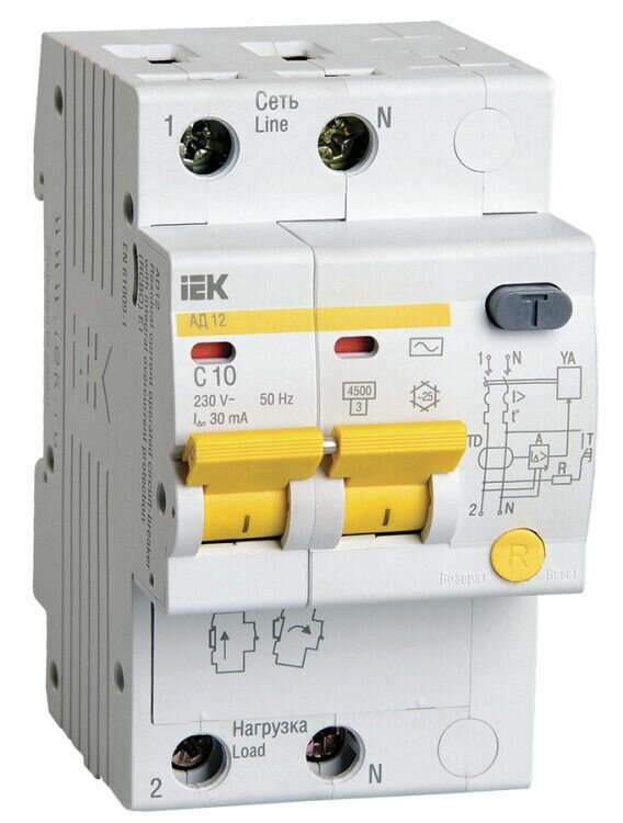 Дифференциальный автоматический выключатель (АВДТ) IEK 2-полюсный (2P) 10А хар. C 30мА тип AC 4.5кА АД12 (3 модуля)