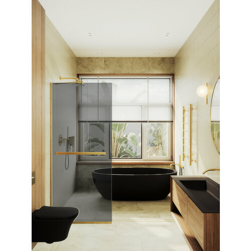 Душевая перегородка MaybahGlass Walk In 79х195 MGD-729-3у с полотенцедержателем, стекло графит, профиль золото