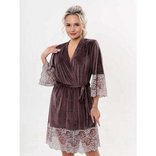 женский халат с кружевом на запах цвет пудры размер 46 Халат Текстильный Край, размер 44, фиолетовый