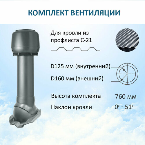 Комплект вентиляции: колпак D160, вент. выход утепленный высотой Н-700, для кровельного профнастила С-21, серый комплект вентиляции колпак d160 вент выход утепленный высотой н 700 для кровельного профнастила 20мм коричневый