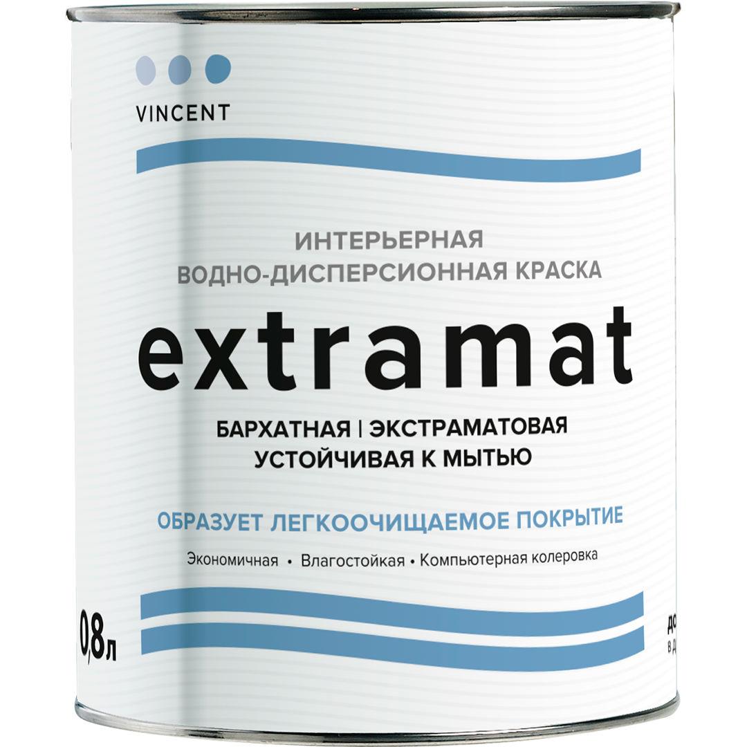 Краска Vincent Extramat / Винсент Экстрамат шелковисто-матовая акрилатная для стен, потолков помещений с повышенной влажностью, 0.8л, белый