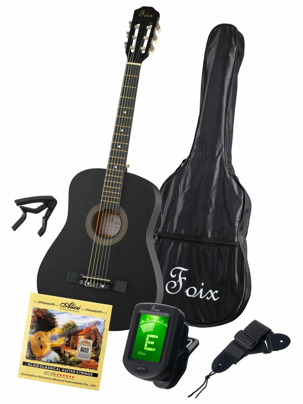 Классическая гитара с чехлом, ремнем, тюнером, черная матовая, Foix FCG-2038CAP-BK-MAT
