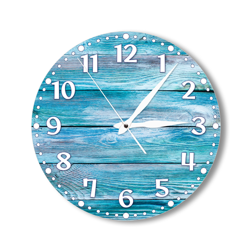 Деревянные настенные часы, диаметр 28см/ Большие кварцевые бесшумные интерьерные часы с принтом/ часы-картина на стену/, голубые доски
