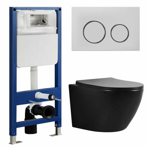 Комплект SinteSi 4 в 1: инсталляция Sintesi, унитаз безободковый EVI черный матовый, сиденье микролифт, кнопка смыва FB-XRW-502, белая