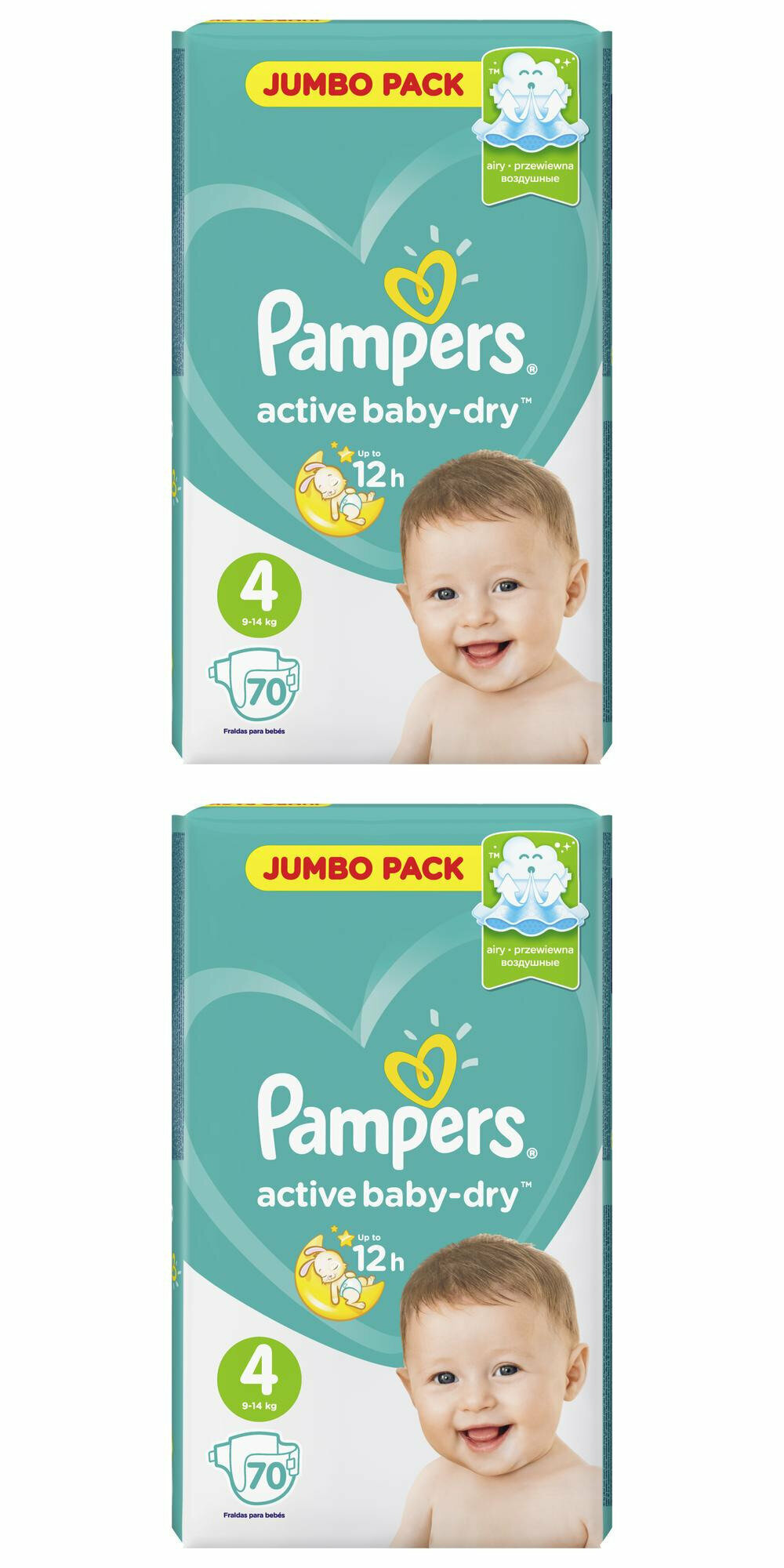 Pampers Подгузники детские Active Baby-Dry, 9-14 кг, 4 размер, 70 шт, 2 упаковки/