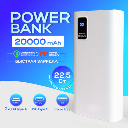Повербанк power bank 20000mah с быстрой зарядкой внешний аккумулятор для телефона iPhone Xiaomi Samsung белый 270000₽