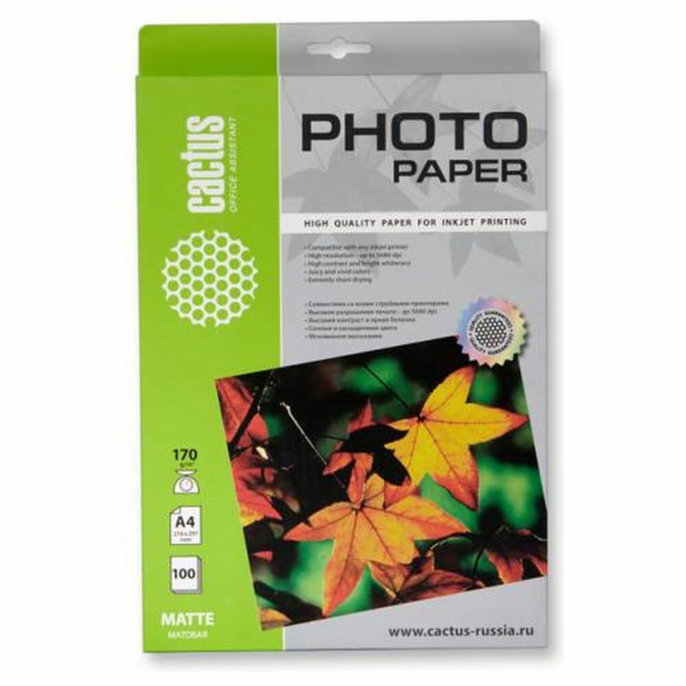 Фотобумага Cactus A4 матовая, 170г/м2, 100л, белая для струйной печати CS-MA4170100