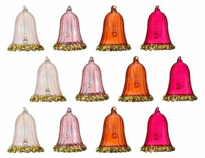 Набор стеклянных ёлочных колокольчиков JINGLE BELLS, нежно-розовый, янтарный, магнолия и розовый бархат, 8.3 см (упаковка 12 шт.), Kaemingk (Decoris) 120376