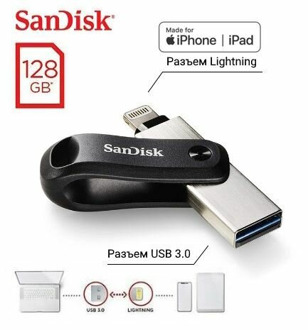 Флешка SanDisk iXpand Go USB Type A + Lightning 128Гб (SDIX60N-128G-GN6NE)