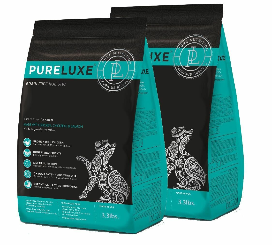 Корм сухой PureLuxe для котят с курицей, нутом и лососем, 1,5 кг х 2 шт