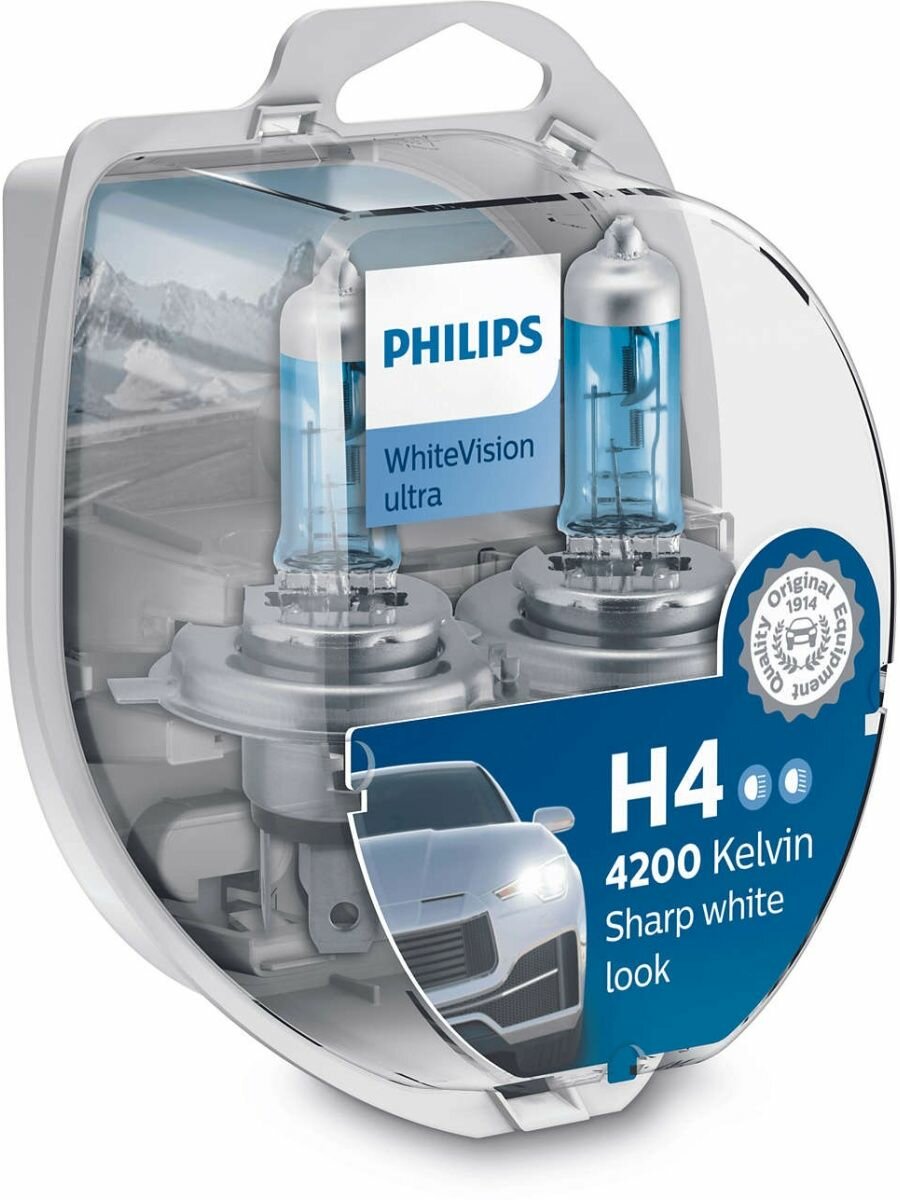 Галогенная лампа Philips H4 (60/55W 12V) WhiteVision Ultra + W5W 2шт, 12342WVUSM