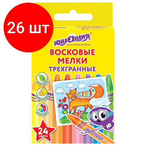 Комплект 26 шт, Восковые карандаши трехгранные юнландия юнландик И мудрый ЛИС, набор 24 цвета, 227291