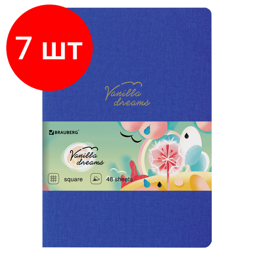 Комплект 7 шт, Тетрадь 48 л. в клетку обложка кожзам под лён, сшивка, A5 (147х210мм), синий, BRAUBERG PASTEL, 403872