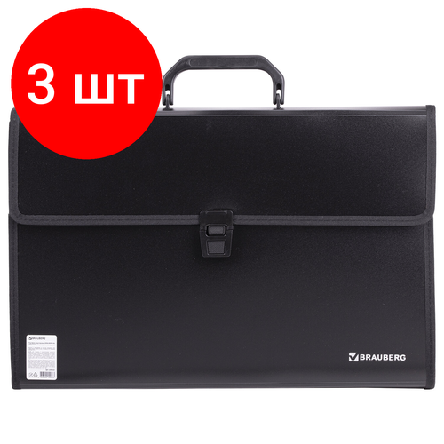 сумка портфель 17 3 brauberg office black 270826 Комплект 3 шт, Папка-портфель пластиковая BRAUBERG президент А4 (390х260х40 мм), 3 отделения, черная, 226022