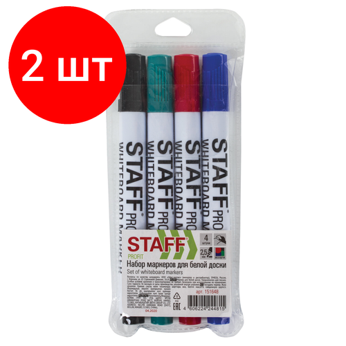 Комплект 2 шт, Маркеры стираемые для белой доски набор 4 цвета, STAFF PROFIT, 2.5 мм, 151648 маркеры стираемые для белой доски набор 4 цвета staff everyday 2 5 мм тонкий корпус