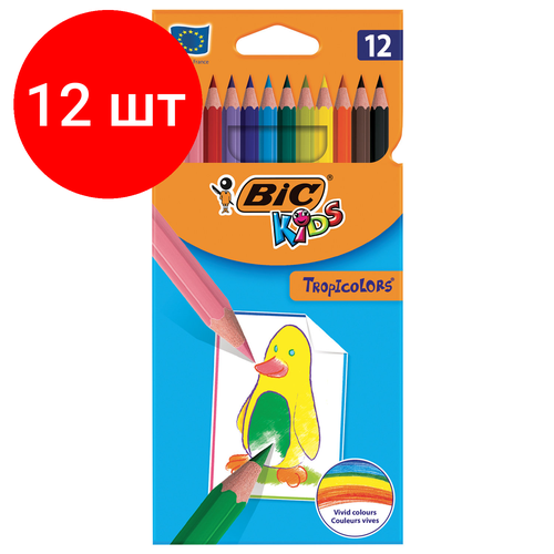 Комплект 12 шт, Карандаши цветные BIC Tropicolors, 12 цветов, пластиковые, заточенные, европодвес, 8325666 карандаши цветные 12 цветов tropicolors