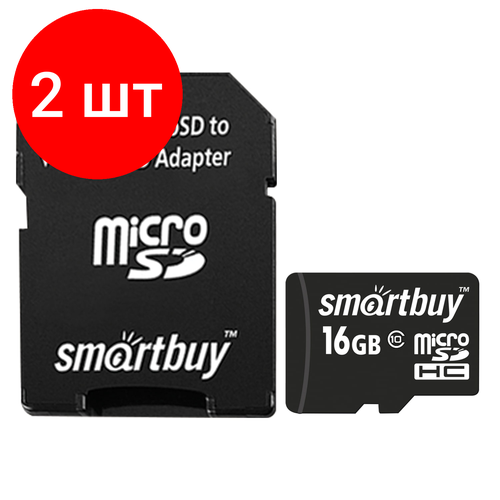 Комплект 2 шт, Карта памяти microSDHC, 16 GB, SMARTBUY, 10 Мб/сек. (class 10), с адаптером, SB16GBSDCL10-01 карта памяти microsdhc 16 gb smartbuy 10 мб сек class 10 с адаптером sb16gbsdcl10 01