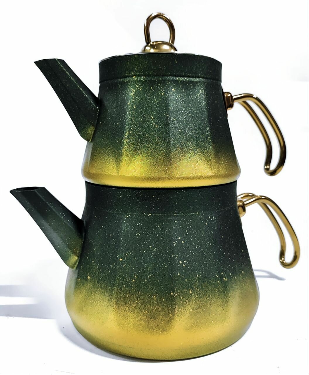 Двойной чайник зелёно-золотой с металлической ручкой 1,1 л/ 2,1 л
