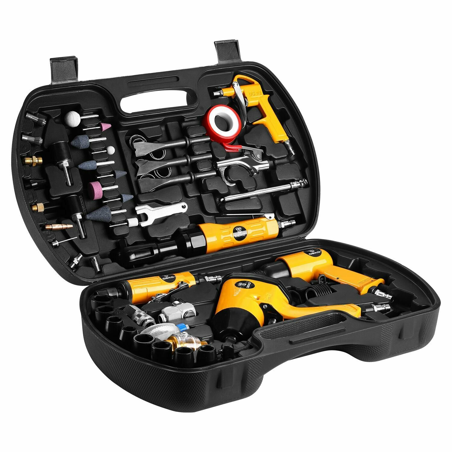 фото Набор пневмоинструментов DEKO DKPT61 Premium 61 предмет в чемодане (Прямая пневмошлифмашина, пневмотрещотка, пневмогайковерт, пневмомолот, пистолет продувочный, пистолет воздушный + 55 аксессуаров)