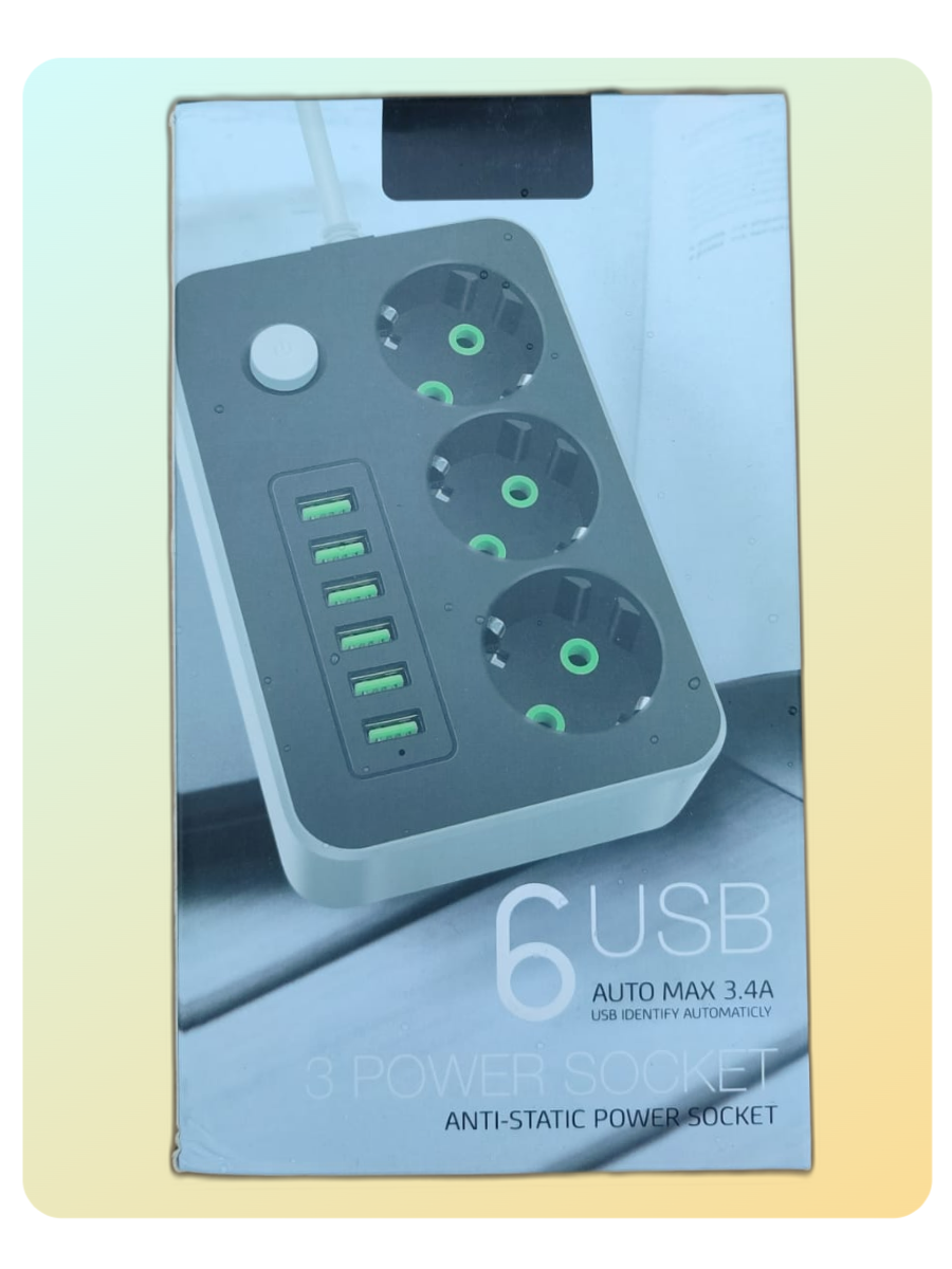 Розетка сетевая с удлинителем POWER SOCKET, 3 слотов, 6 USB, 2 метра, черная/белая