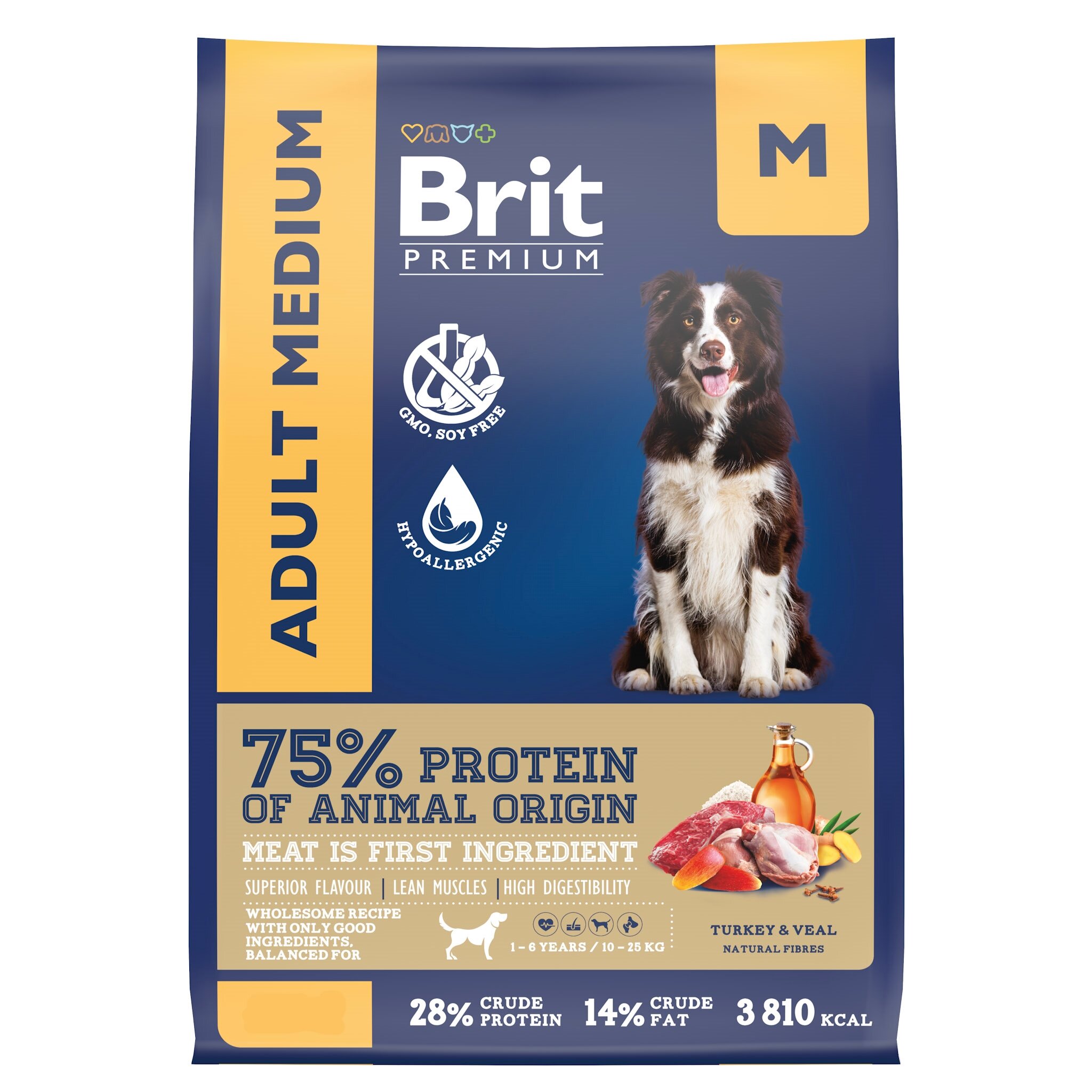 Корм для взрослых собак средних пород Brit Premium Dog Adult Medium, телятина и индейка, 8 кг