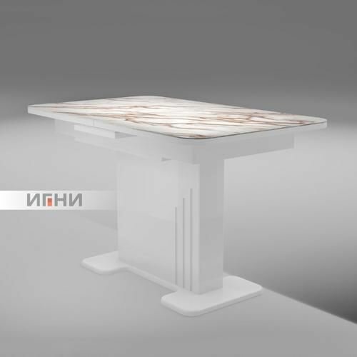 Обеденный стол Вавилон белый глянец Н091 ЛДСП/МДФ с ручным механизмом, с фотопечатью, для столовой , кухни , дома, 1240(1540)х760х750 Игни