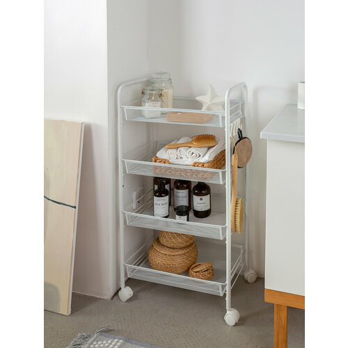 Этажерка металлическая лофт аналог икеа, 4-х ярусная на колёсиках, для кухни, ванной, гостиной / белая