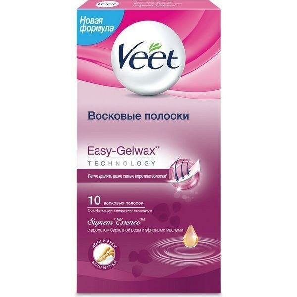 VEET восковые полоски для депиляции с ароматом бархатной розы и эфирными маслами. 10 Шт. Франция.