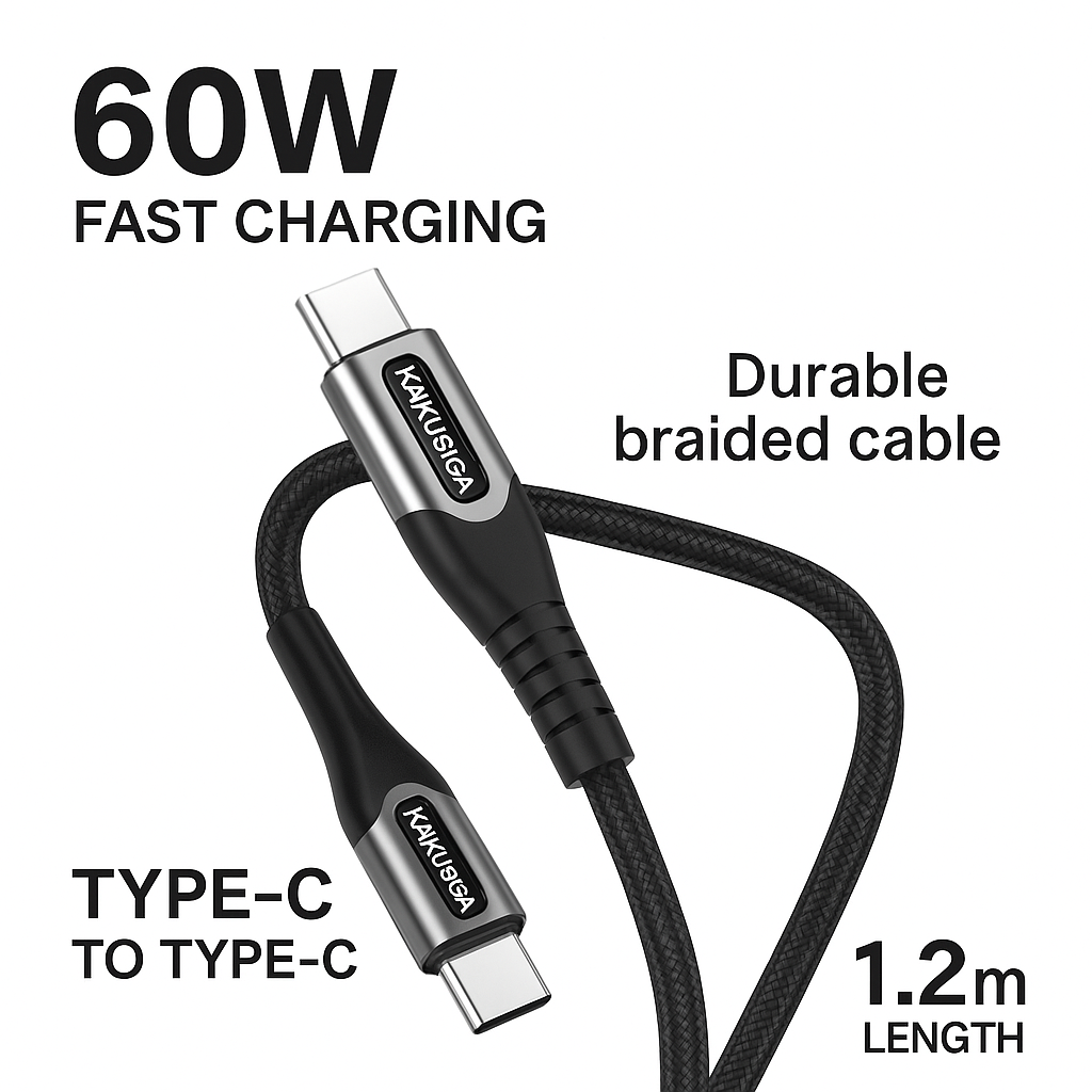 Кабель для быстрой зарядки KAKUSIGA Type-C – Type-C мощностью 60 Вт, 1,2 м, черный