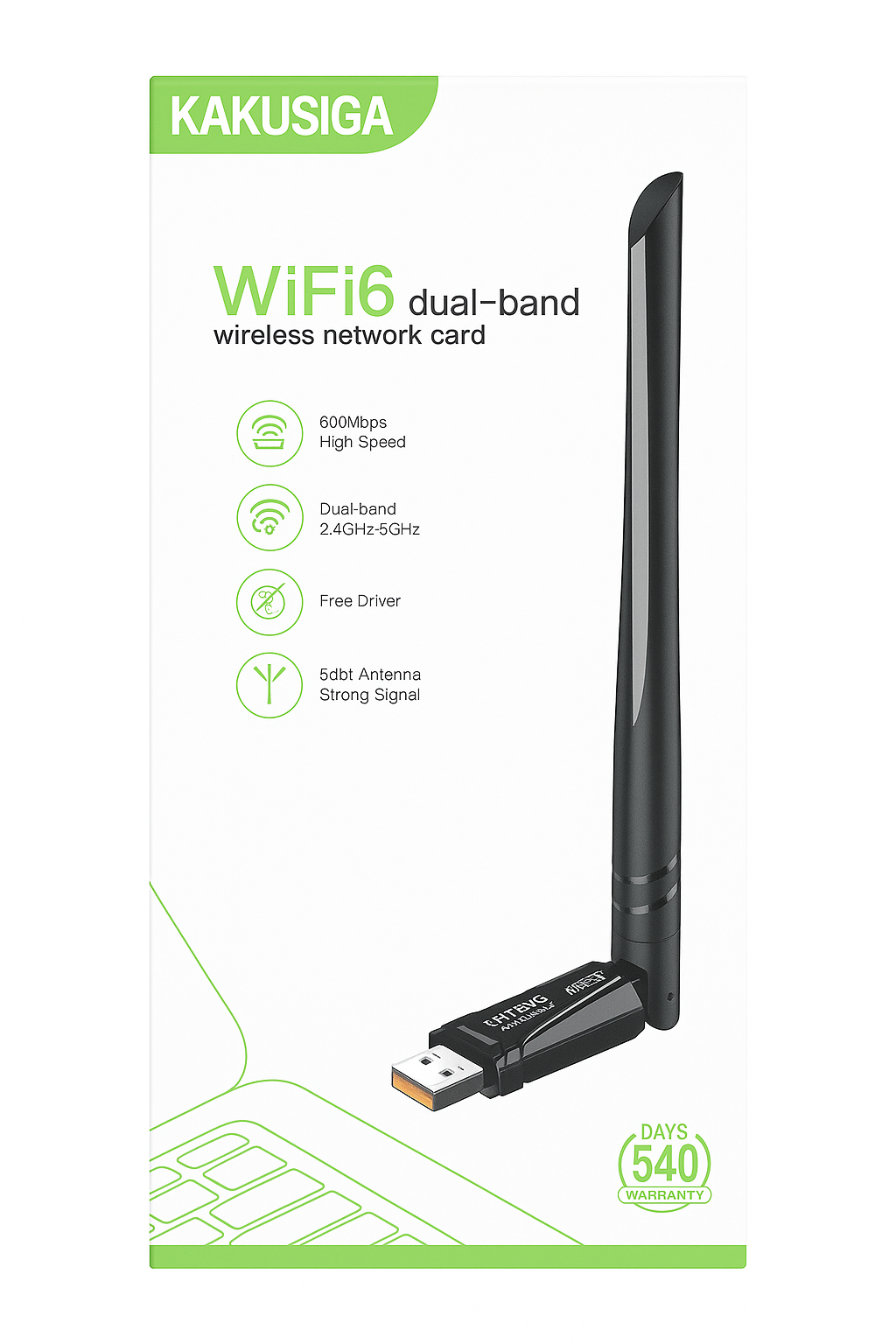 Двухдиапазонный USB-адаптер KAKUSIGA WiFi6 — 600 Мбит/с, 2,4/5 ГГц, антенна 5 дБи, подключение без драйверов