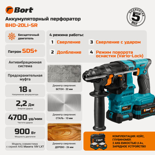 Изображение товара Перфоратор аккумуляторный BORT BHD-20Li-SR (2x4,0Ач+ЗУ) бирюзовый, 900Вт, 4700 уд/мин, 2,2 Дж, 18В, SDS+