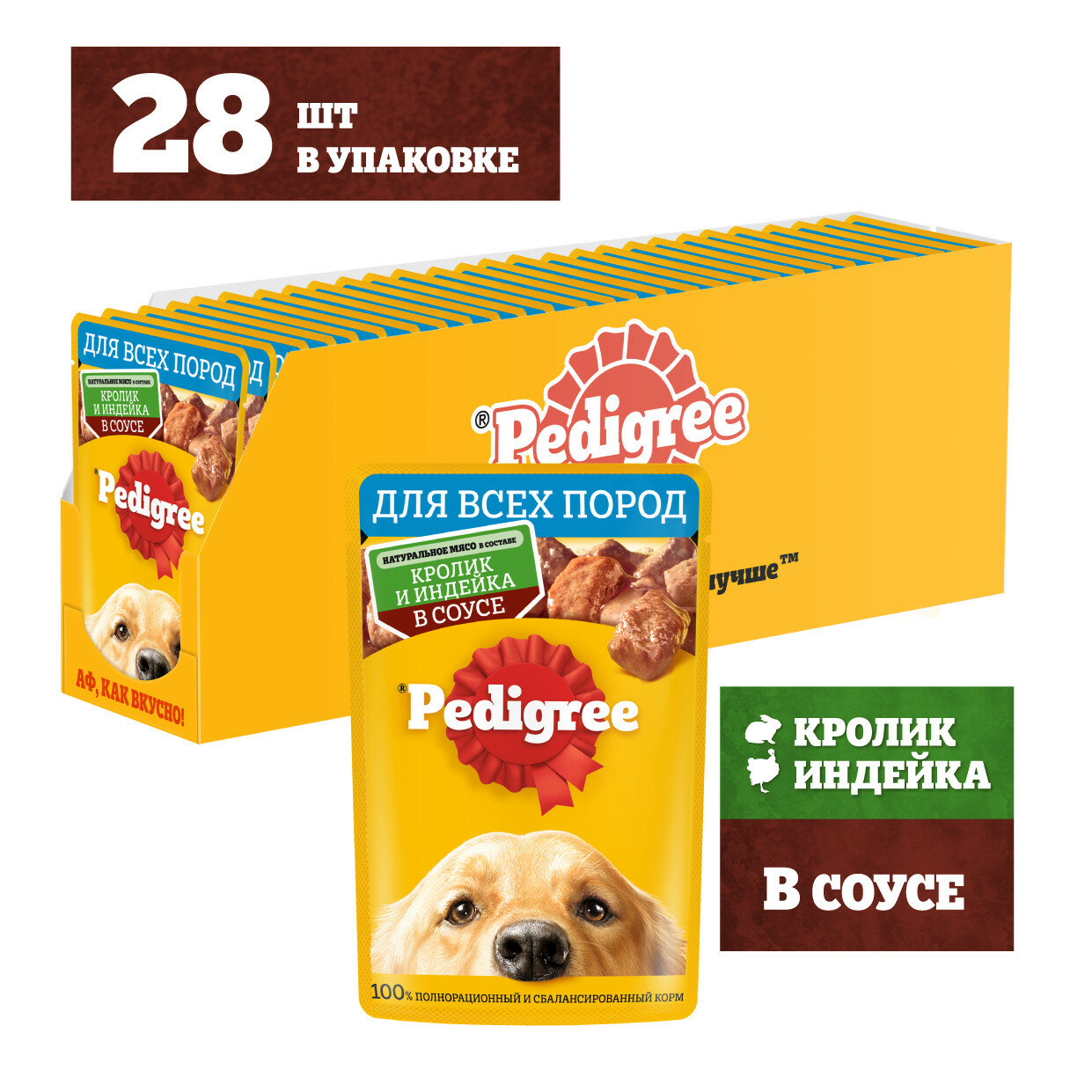 Pedigree пауч для собак (кусочки в соусе) Кролик и Индейка, 85 г. упаковка 28 шт