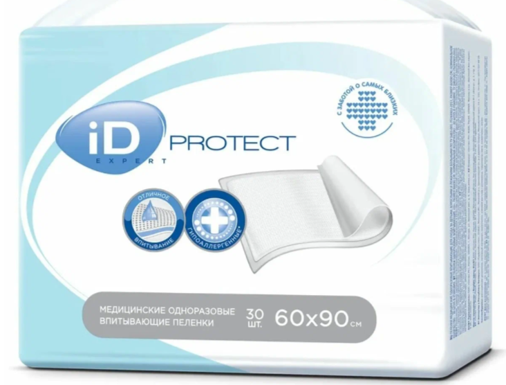 Одноразовые впитывающие пеленки для малышей ID Protect Expert 60x90, 30 шт