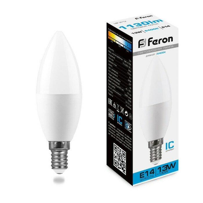 FERON Лампа светодиодная, (13W) 230V E14 6400K С37, LB-970