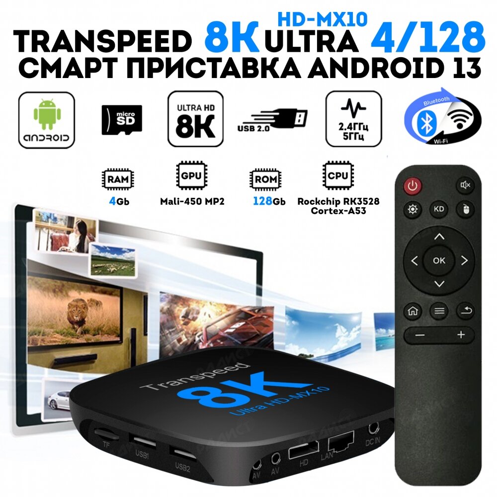 Андроид приставка Transpeed 8k ultra hd 4/128 Гб Android 13