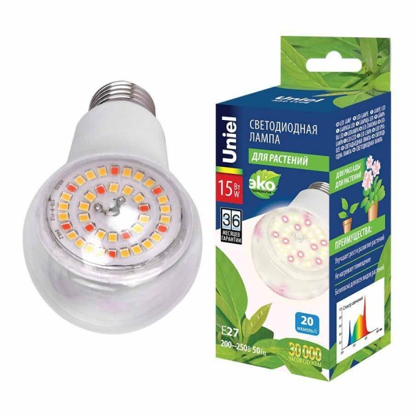 Лампа LED A60 15Вт Е27 Для растений (фотосинтез) SPFB PLP30WH Uniel 07405