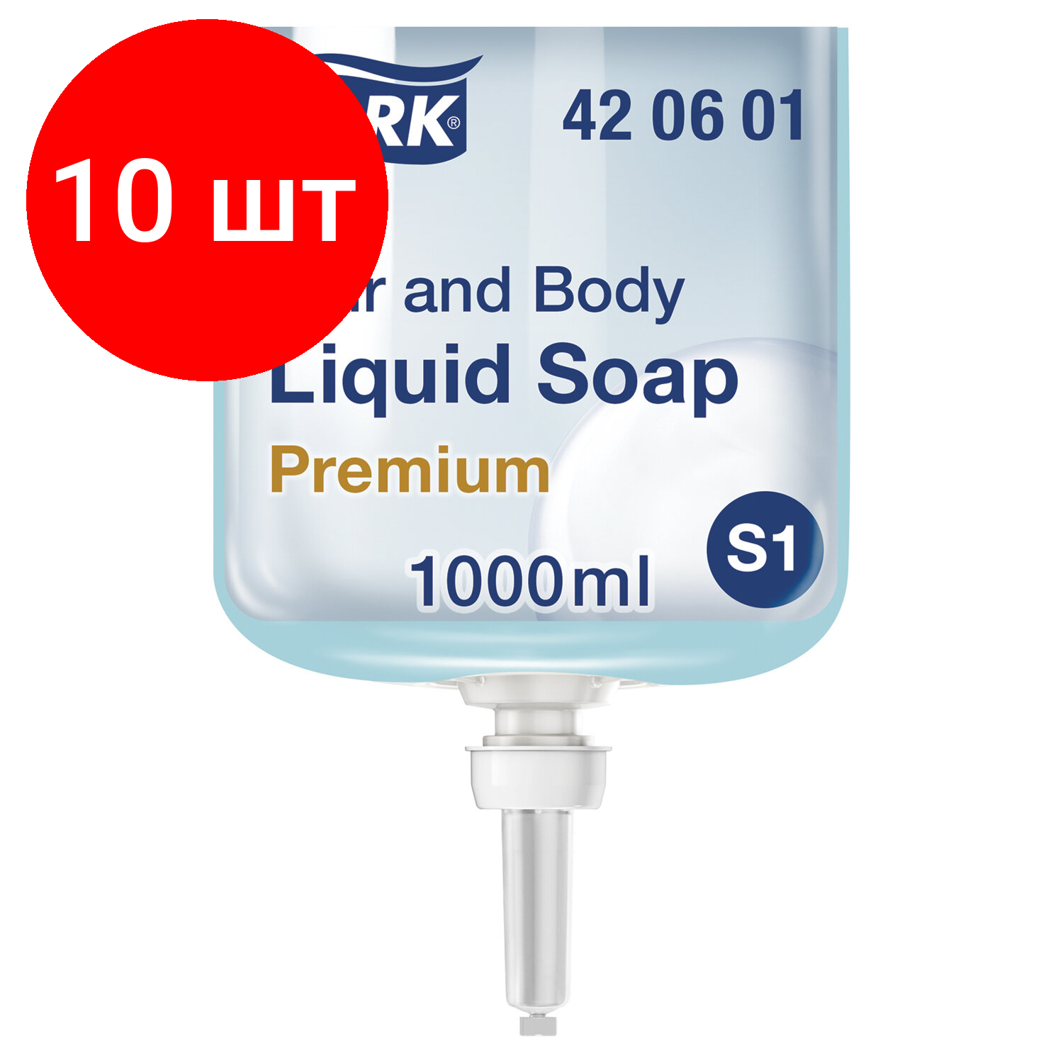 Комплект 10 шт Картридж с жидким мылом-гелем для тела и волос одноразовый TORK (Система S1) Premium 1 л 421601 420601