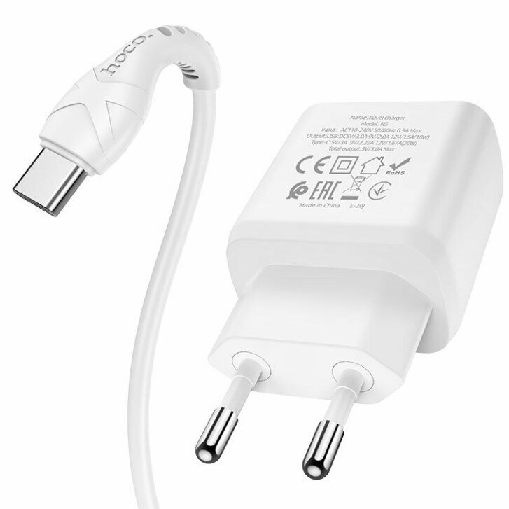 СЗУ, 1 USB 3.0 QC+1 PD 20W (C105A), HOCO, Type-C to Type-C, белый — фото 6