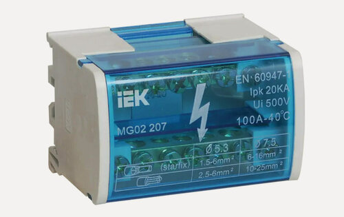 Изображение товара Шины на DIN-рейку IEK ШНК 2х7 L+PEN, латунь, 100А, 25мм², IP20, изолированные, белый/синий