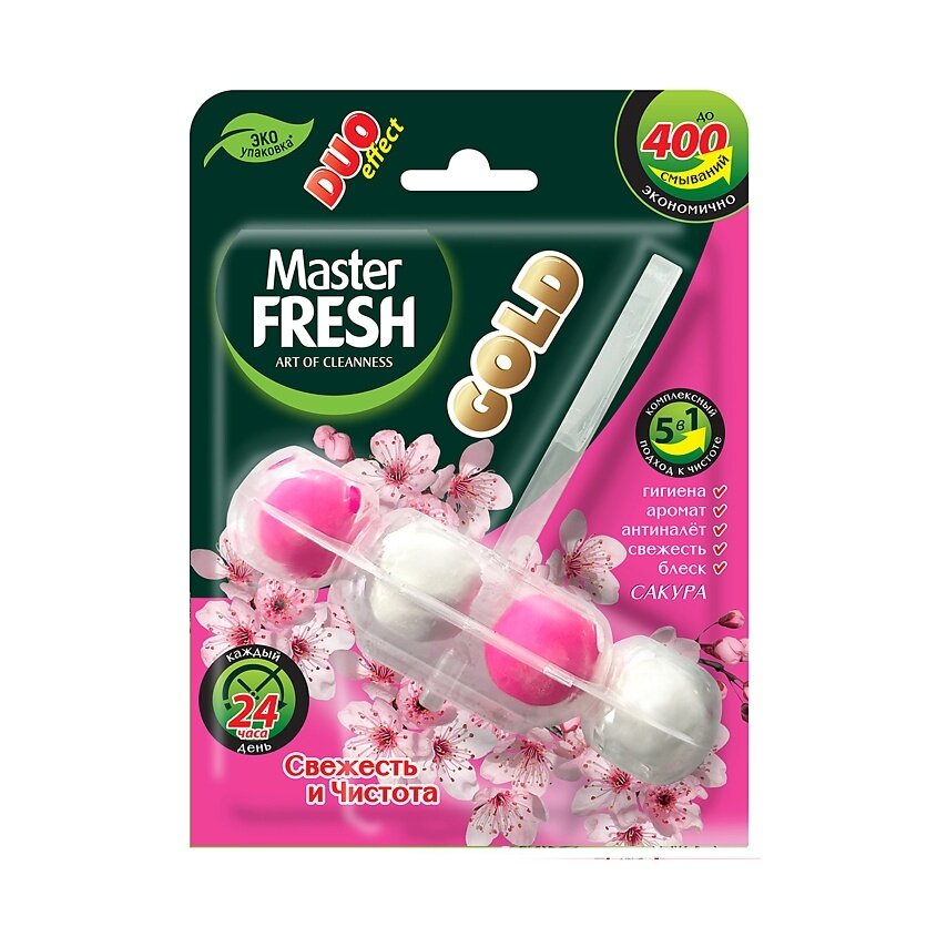 Блок для унитаза Master FRESH "Gold", Duo Effect, подвесной, 400 смываний, 5 в 1, Сакура